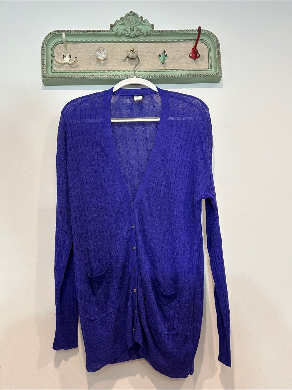 J. Crew Long Linen cable knit V-Neck Gold Button Cardigan purple women’s xl